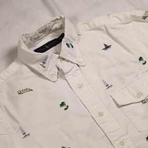 RALPH‎ LAUREN Men's XS White Embroidered Surf Aloha Button Down Hawaiian Shirt